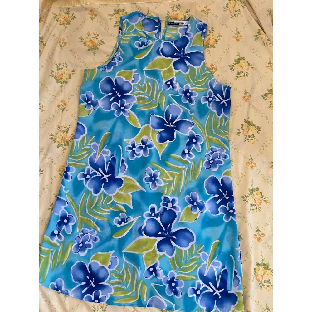 California Concepts Tropical Floral Sleeveless Mini Shift Dress Blue Green Sz 13